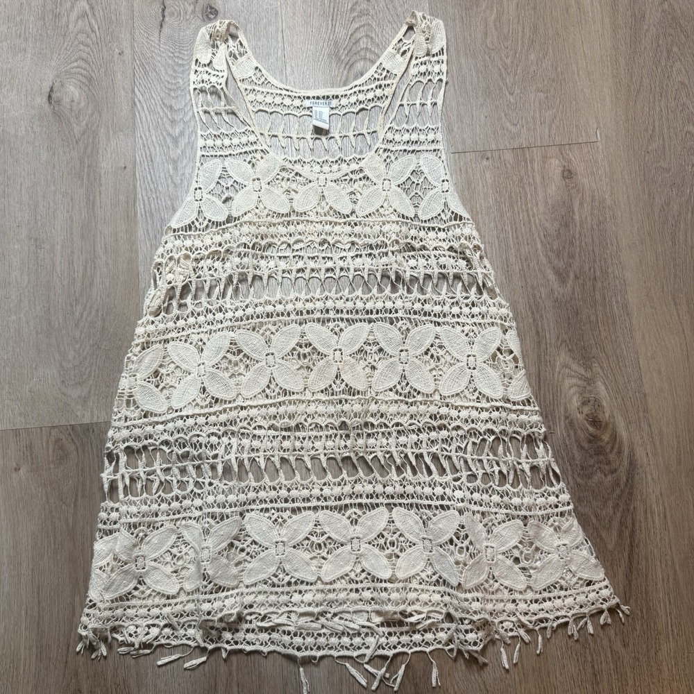 Ivory Crochet Top Womens M/LOpen Knit Sleeveless Festival Hippie Boho Forever21‎